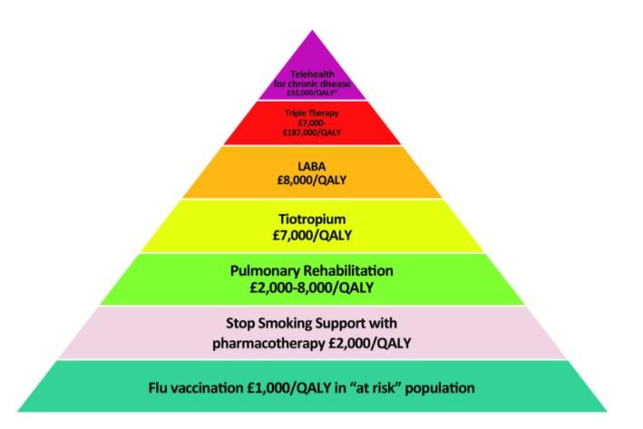 Value pyramid for COPD (The London Respiratory Team 2013) QALY= quality-adjusted life year It is considered that interventions costing the NHS less than 20,000 per QALY gained is cost effective while
