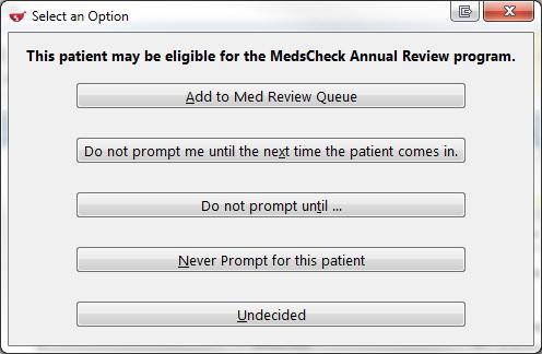 When Prompt for ODB Med Checks is enabled, the system screens each patient for MedsCheck eligibility each time an Rx is filled.
