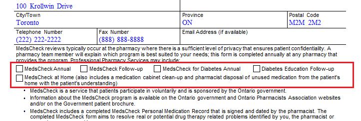 6. In the MedsCheck Patient Acknowledgement of Professional Pharmacy Service form, check the