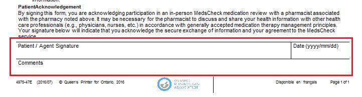 Once the patient has signed and dated the form, click OK to close the ODB MedsCheck Consent form.