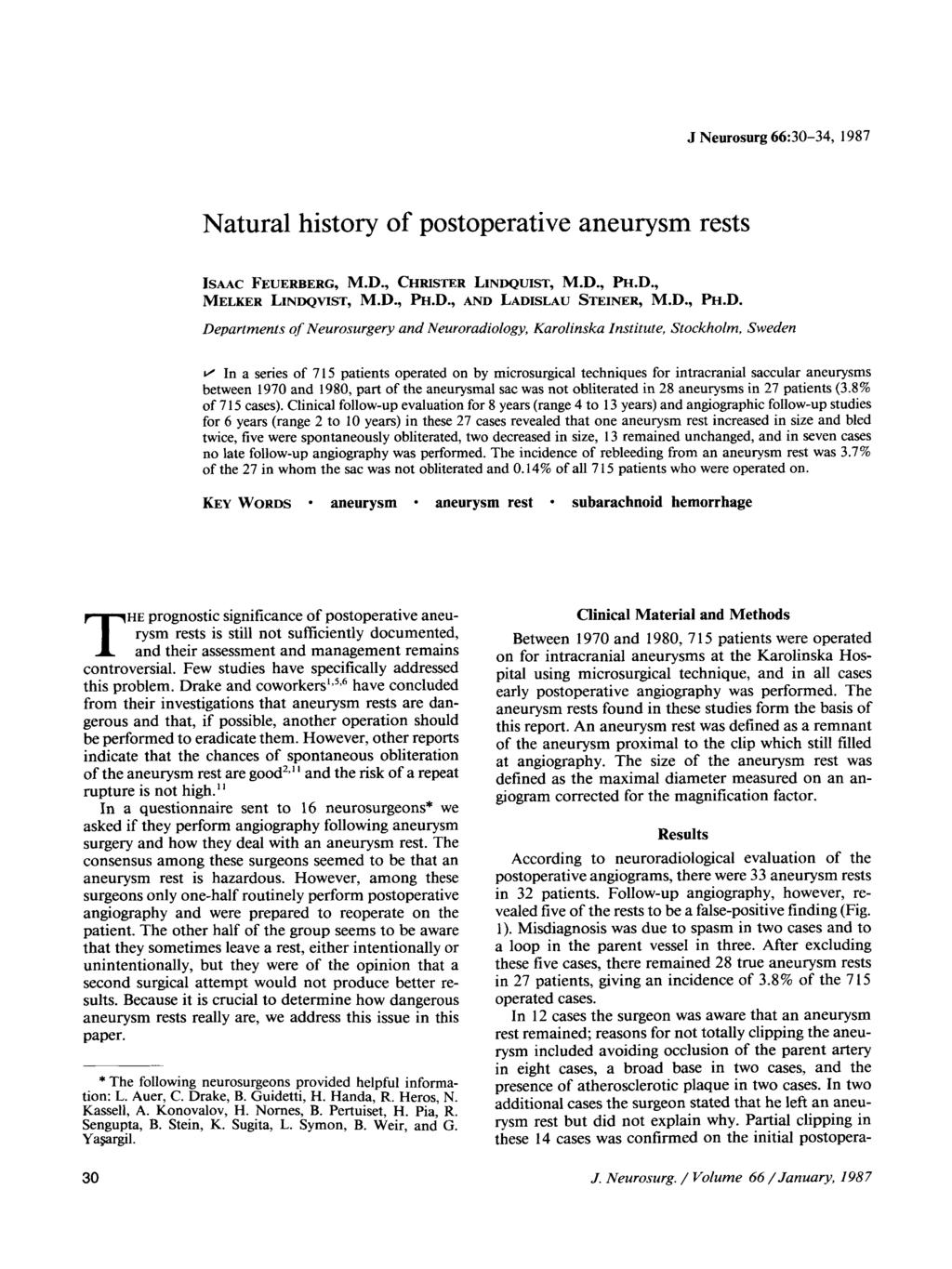 J Neurosurg 66:30-34, 1987 Natural history of postoperative aneurysm rests ISAAC FEUERBERG, M.D.