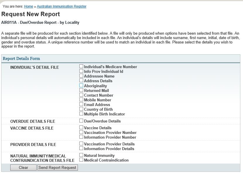 Page 39 AIR011A Due/Overdue by locality Report generates with the information selected from the: individual s details
