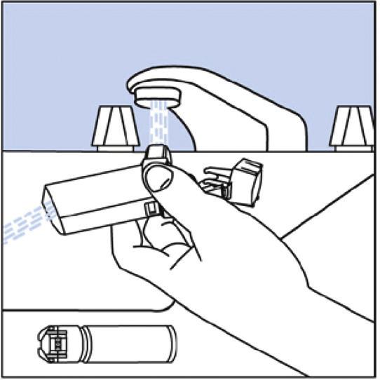 Example of blocked spray Example of how to clean the inhaler to keep it clean so medicine build-up will not block the spray. Take the canister out of the actuator, and take the cap off the mouthpiece.