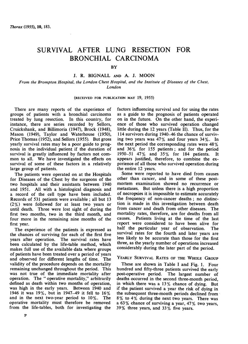 Thorax (1955), 10, 183. SURVIVAL AFTER LUNG RESECTION FOR BRONCHIAL CARCINOMA BY J.