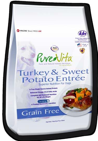 PureVita Turkey & Sweet Potato Entree Grain Free combines delicious turkey with wholesome sweet potatoes and peas as well as a select variety of fruits to deliver a healthy and delicious, easy to
