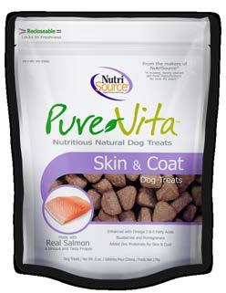 Skin & Coat Dog Treats Hip & Joint Dog Treats PureVita Skin and Coat treats are made with fresh salmon which contains a unique and powerful protein, Omega 6 and 3 fatty acids.