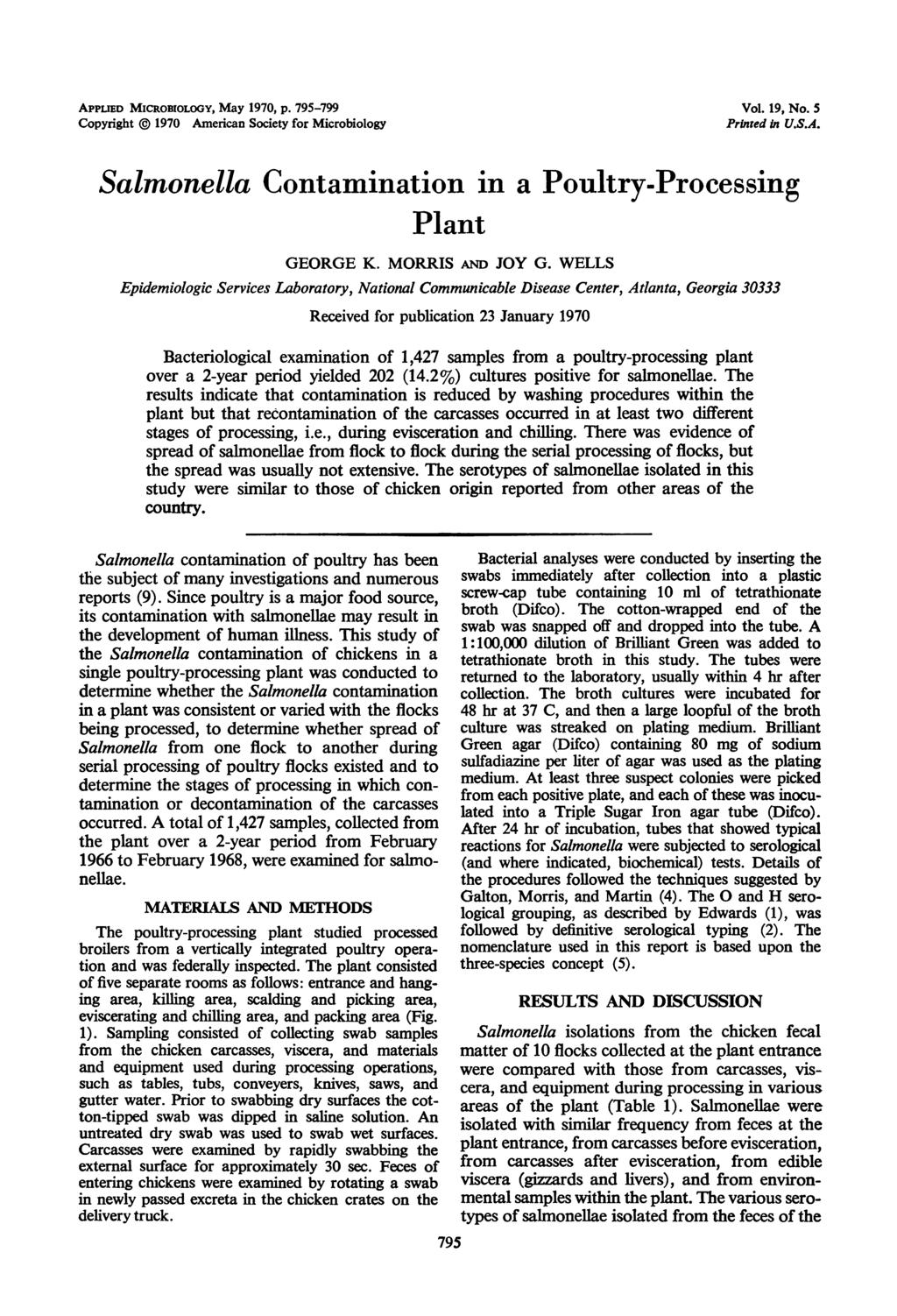 APPLIED MICROBIOLOGY, May 1970, p. 795-799 Copyright 1970 American Society for Microbiology Vol. 19, No. 5 Printed in U.S.A. Salmonella Contamination in a Poultry-Processing Plant GEORGE K.