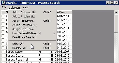 Actions for Practice Search Patient List Results Once you have your list of patients and you made your selection by clearing or selecting the check boxes beside the patient's names, you can perform a