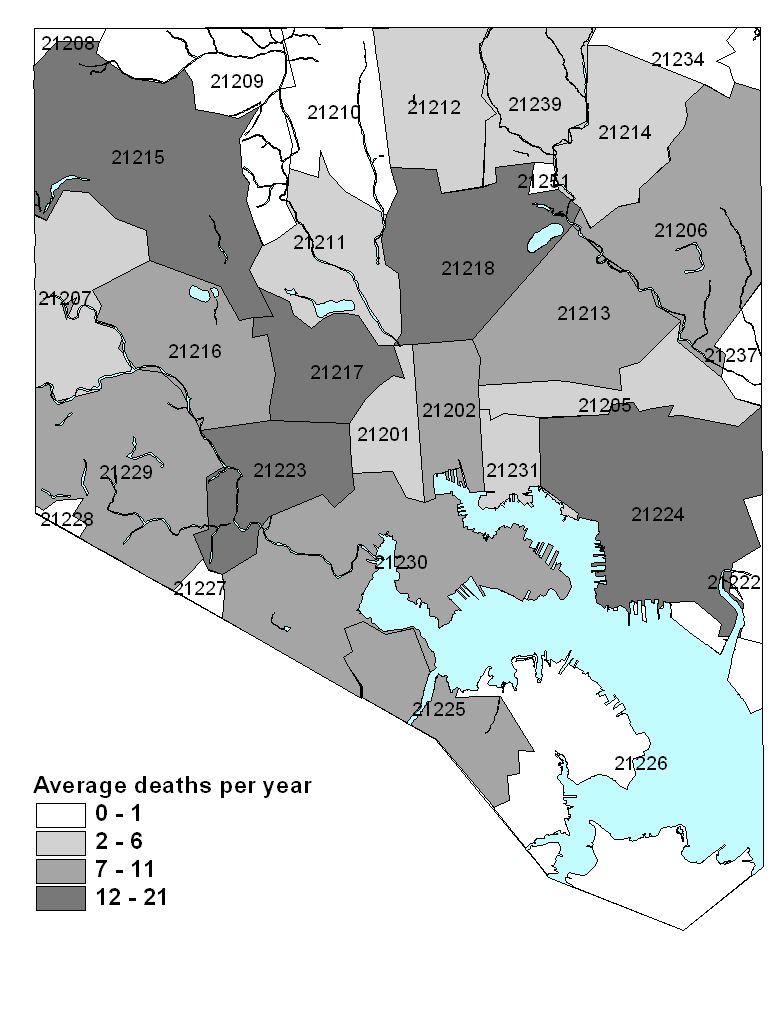 Geographic distribution of resident deaths Intoxication deaths associated with drugs of abuse or alcohol among residents from 2003 to tember 2007 were concentrated in zip codes 21217, 21223, 21218,