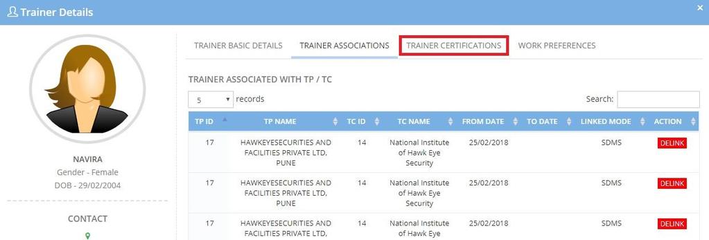 Step 4: Click the Profile button to see the Trainer s basic details, Associated Organizations information, Work Preferences and Certification