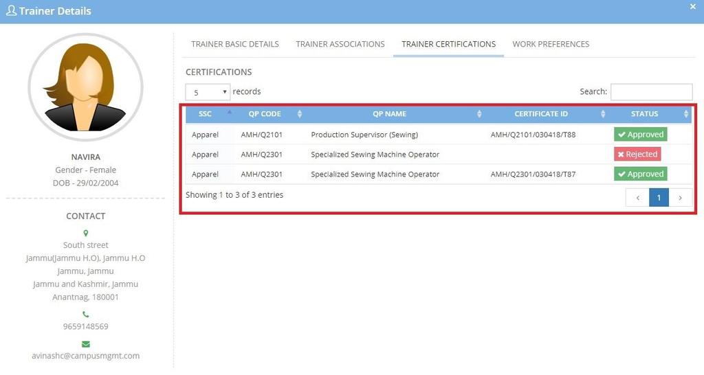 Step 6: Training Partner can view the Trainer s Certification Status from Trainer Certifications tab in the Trainer details popup page. 13. Can I see if my Trainer is associated with any other TP/TC?