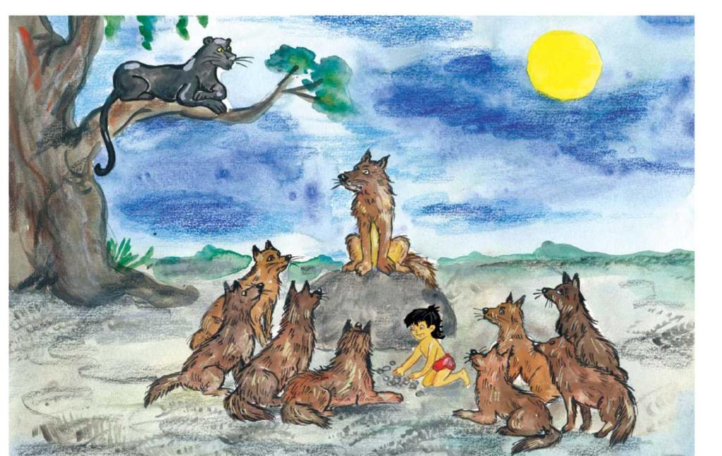 Father Wolf: Bagheera, Mowgli must learn about the jungle. Who can be his teacher? Bagheera: Baloo, the bear, is a good teacher. He can teach the baby the Law of the Jungle. I can help him, of course.