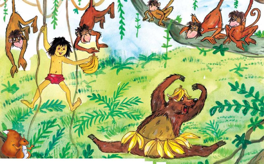 Mowgli meets a group of very funny monkeys. Mowgli: Hurray. We can dance. Hip. Hip. Hurray. First monkey (laughing): Look at Baloo, he's the dancing queen!