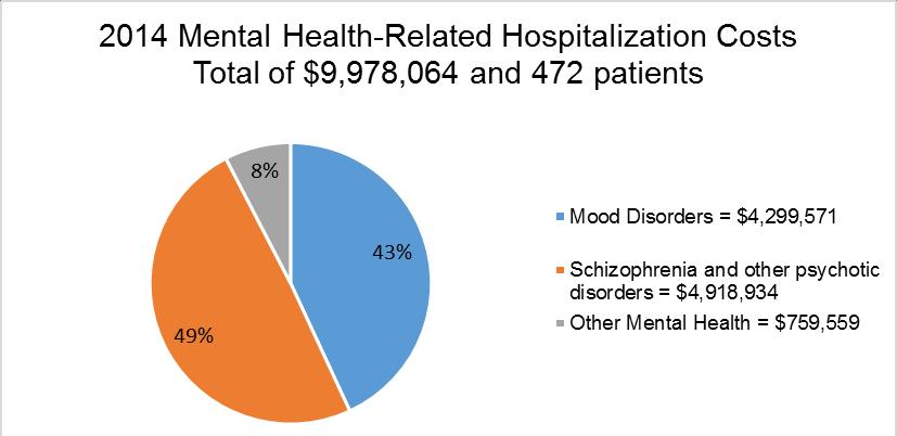 Hospitalizations due to mood disorders (247 patients) and schizophrenia or other psychotic disorders (164 patients) accounted for a combined 5,223 days and $9.2 million in costs in 2014.