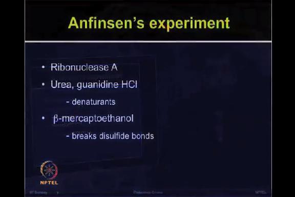(Refer Slide Time: 19:36) So in this classical experiment, Anfinsen used protein ribonuclease A, he used few denaturants such as urea or guanidine hydrochloride and