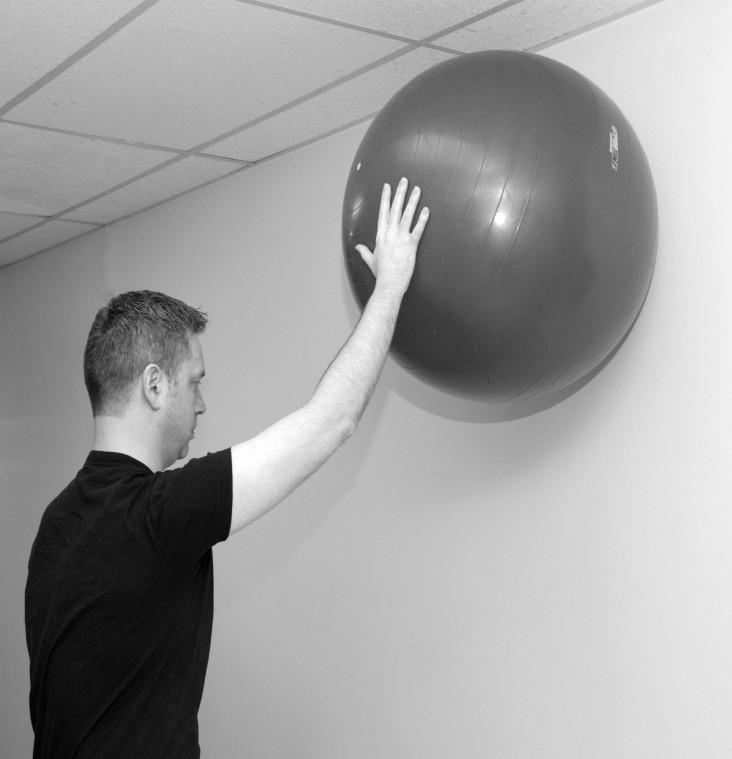 Press hand into ball and roll ball upward on the wall (avoid
