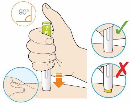 Press the yellow safety cover on your skin at roughly a 90 angle. Press and firmly hold the pen against your body until the yellow safety cover is no longer visible.