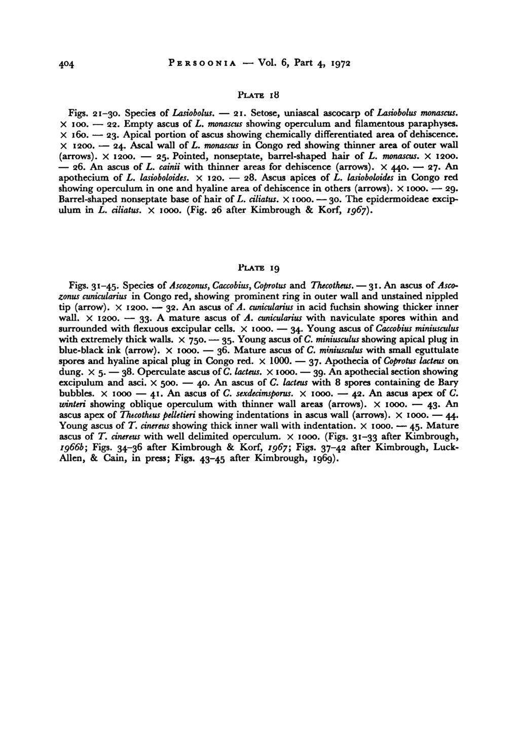 26. 38. 21. 28. 404 Persoonia Vol. 6, Part 4, 1972 PLATE 18 Figs. 21-30. Species of Lasiobolus. Setose, uniascal ascocarp of Lasiobolus monascus. X 100. 22. Empty ascus of L.
