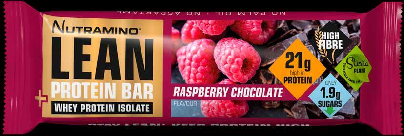 Nutramino Lean protein bar Raspberry Chocolate contain a whopping 21 g of a high quality whey isolate protein blend, sweetener from the Stevia plant and onlt 1,9 g sugars.