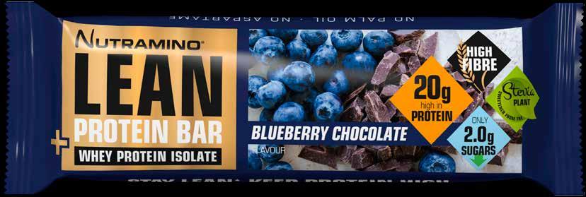 Nutramino Lean protein bar Blueberry Chocolate contain a whopping 20 g of a high quality whey isolate protein blend, sweetener from the Stevia plant and onlt 2,0 g sugars.