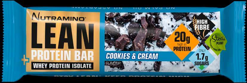 Nutramino Lean protein bar Cookies & Cream contain a whopping 20 g of a high quality whey isolate protein blend, sweetener from the Stevia plant and onlt 1,7 g sugars.
