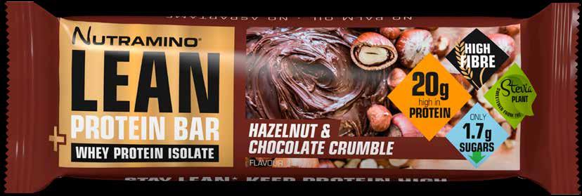 Nutramino Lean protein bar Chocolate & Hazelnut Crumble contain a whopping 20 g of a high quality whey isolate protein blend, sweetener from the Stevia plant and onlt 1,7 g sugars.