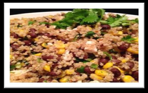 Healthy Recipes Quinoa and Black Beans Servings Per Recipe: 5. Content Per serving: Calories: 306, Total Fat: 3.4g, Protein 15.4g, Carbohydrates 55.6 g, Fiber: 15.6g.