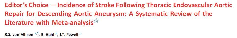 Eur J Vasc Endovasc Surg (2017) 53, 176-184 10 studies 2594 patients pooled prevalence for stroke 4.1% (95% CI 2.9-5.5) LSA uncovered pooled stroke incidence 3.