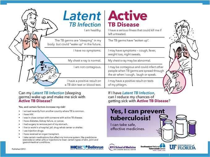 TB Disease vs (Latent) TB infection Person with LTBI (Infected) Has a small amount of TB bacteria in his/her body that are alive, but inactive Cannot spread TB bacteria to others Does notfeel sick,