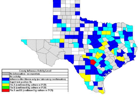 Texas and National Influenza and ILI Activity Map 2: Texas County Specific Influenza Activity, 42 Influenza activity level corresponds to current MMWR week only and does not reflect previous weeks'