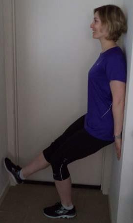 Advanced Exercises Gluteal Strengthening Single leg wall squat Instructions: Commence standing with your back up against a wall with your feet shoulder width apart.