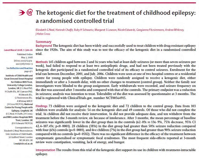 Class I Evidence for Ketogenic Diet