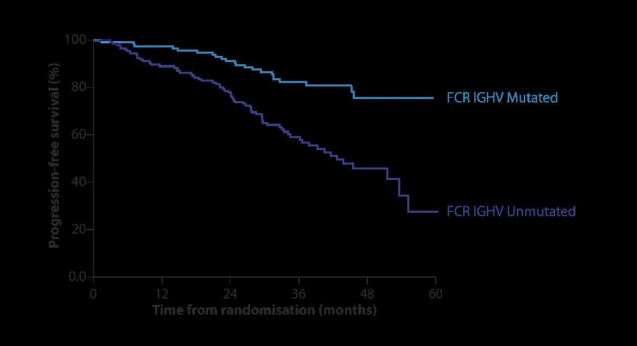 FCR PFS by unmutated IGHV or del(11q) : CLL 10 Frontline