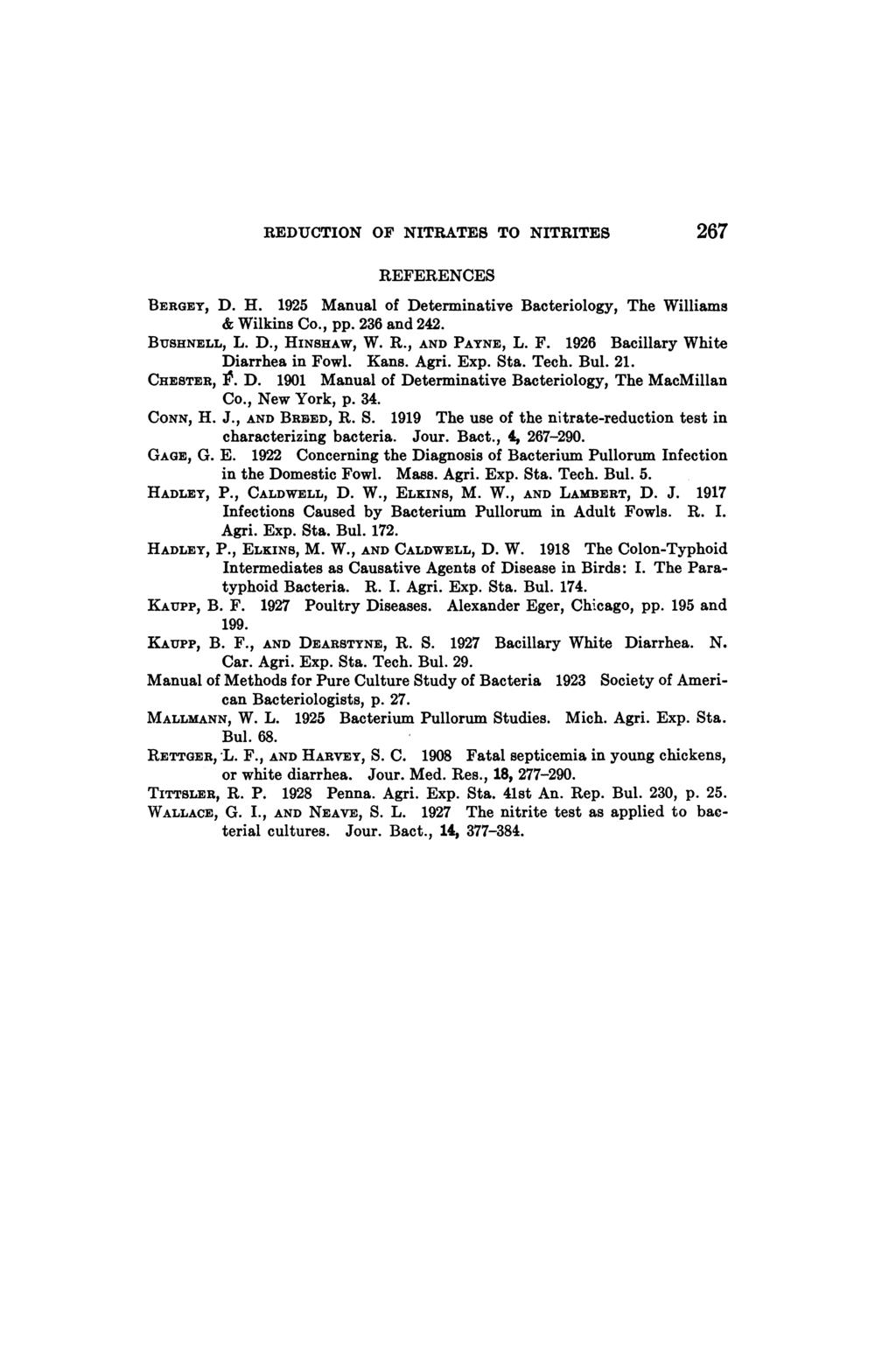 REDUCTION OF NITRATES TO NITRITES 267 REFERENCES BERGEY, D. H. 1925 Manual of Determinative Bacteriology, The Williams & Wilkins Co., pp. 236 and 242. BUSHNELL, L. D., HINSHAW, W. R., AND PAYNE, L. F.