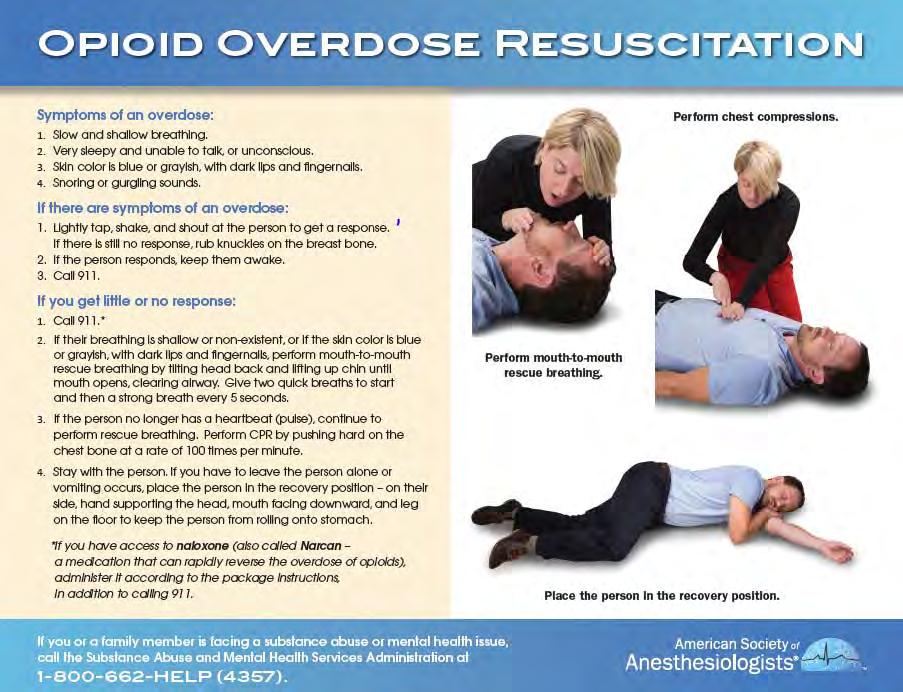Opioid Overdose Resuscitation The American Society of Anesthesiologists (ASA) has created a card explaining how to recognize and respond to an opioid overdose.