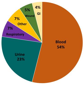, urine, bile, wounds) Initial culture site of C.