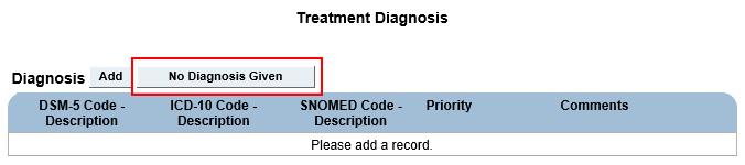 How do I use this? How do I make it work? How do I report on this? Instructions No Diagnosis Given has been added as a button at the top of the Diagnosis Table on the DSM-5 Treatment Diagnosis module.