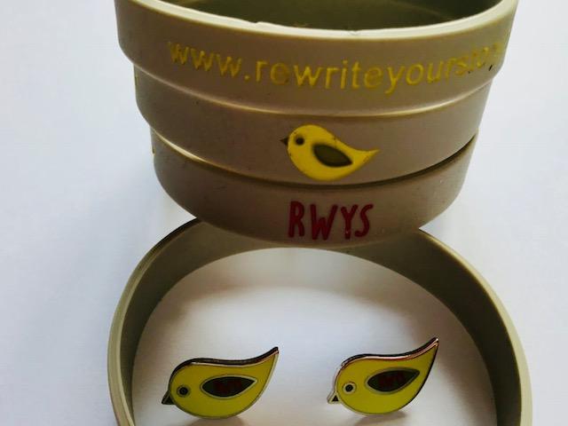 Spreading the word We have a limited number of Rewrite Your Story bird pins and Rewrite Your Story wristbands