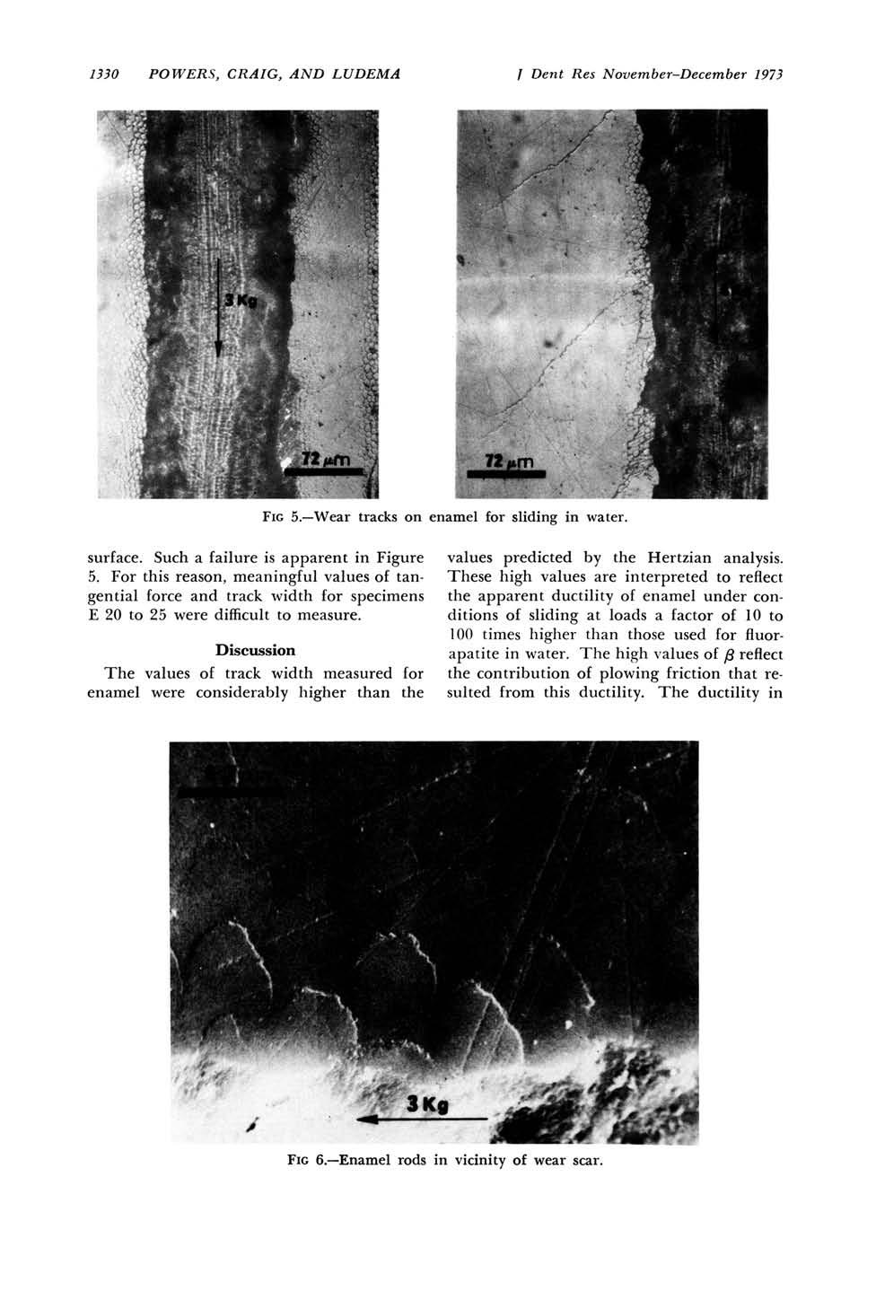 1330 POWERS, CRAIG, AND LUDEMA I Dent Res November-December 1973 FIG 5.-Wear tracks on enamel for sliding in water. surface. Such a failure is apparent in Figure 5.