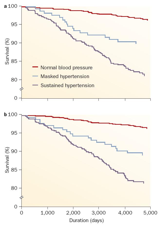 Survival: normotensives, masked HT, sustained HT Clinic BP and 24h ABP Clinic BP and