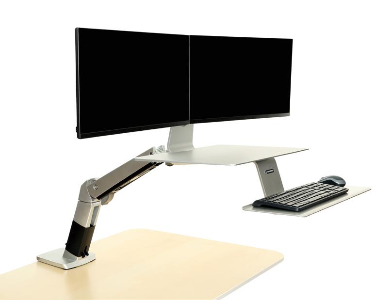 It features a versatile adjustment system that enables quick transitions from sitting to standing, and 180 degree rotation for screen