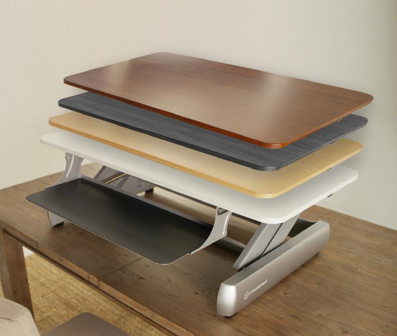 Engineered with ergonomics in mind, the keyboard tray is lower than a traditional standing surface, improving posture and comfort.