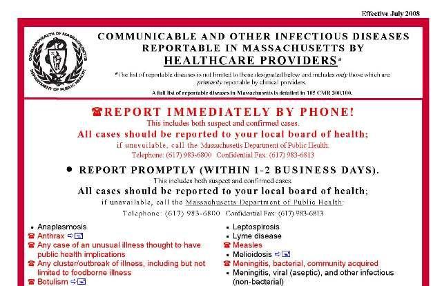 What is reportable by whom? 105 CMR 300.000 Reportable Diseases Lists: 1. Healthcare providers 2. Clinical laboratories 3.