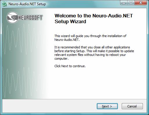 If the auto run does not start in a few seconds, find the Neuro-Audio.NET\Neuro-Audio.NET-<version number>-setup.exe file on the CD and start it.