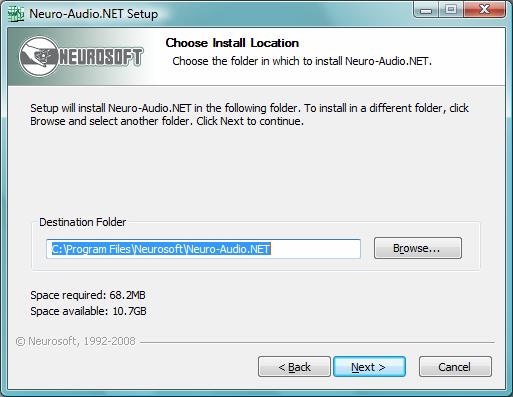 Neuro-Audio.NET (User Manual) Press Next> to continue the installation. The Choose Install Location window will appear on the screen (Fig. 1.