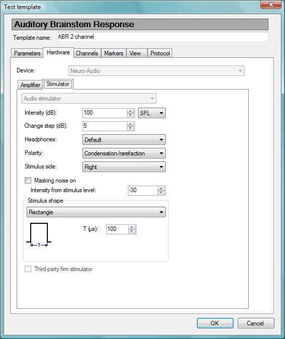 Program Settings Fig. 7.11. The Hardware page with stimulator parameters in test settings Amplifier Page You can set the parameters either for all amplifier channels or for separate channels.