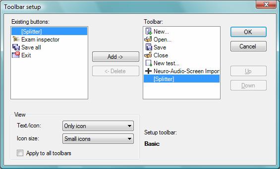 To setup toolbars click the right mouse button above any toolbar and then select the Setup option from the right-click menu.