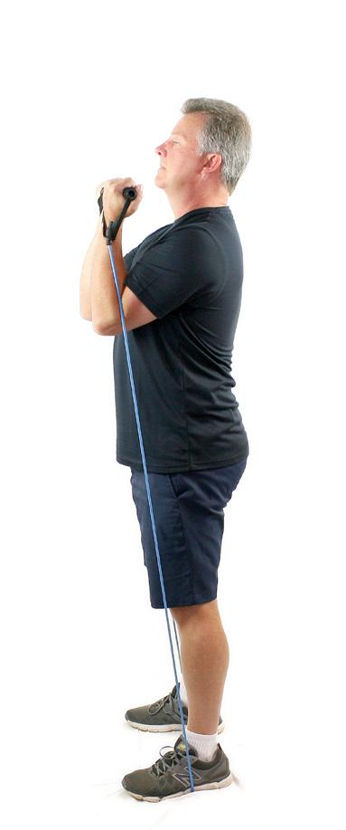LEVEL 2 Legs BaNd Squat 1. Grab the handles and loop the band 2. Stand with feet shoulder-width apart, hands in front of shoulders, palms facing your body. 3.