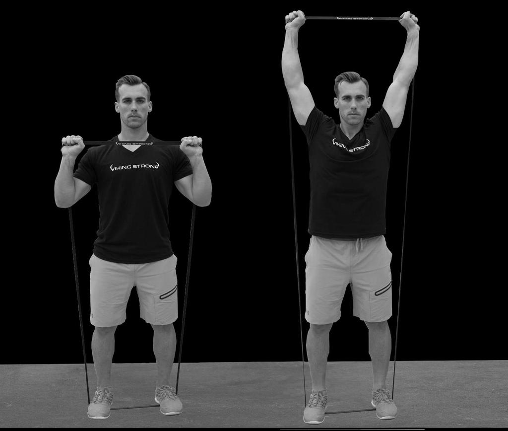 Shoulder Press. To begin, stand on an exercise band so that tension begins at arm's length.