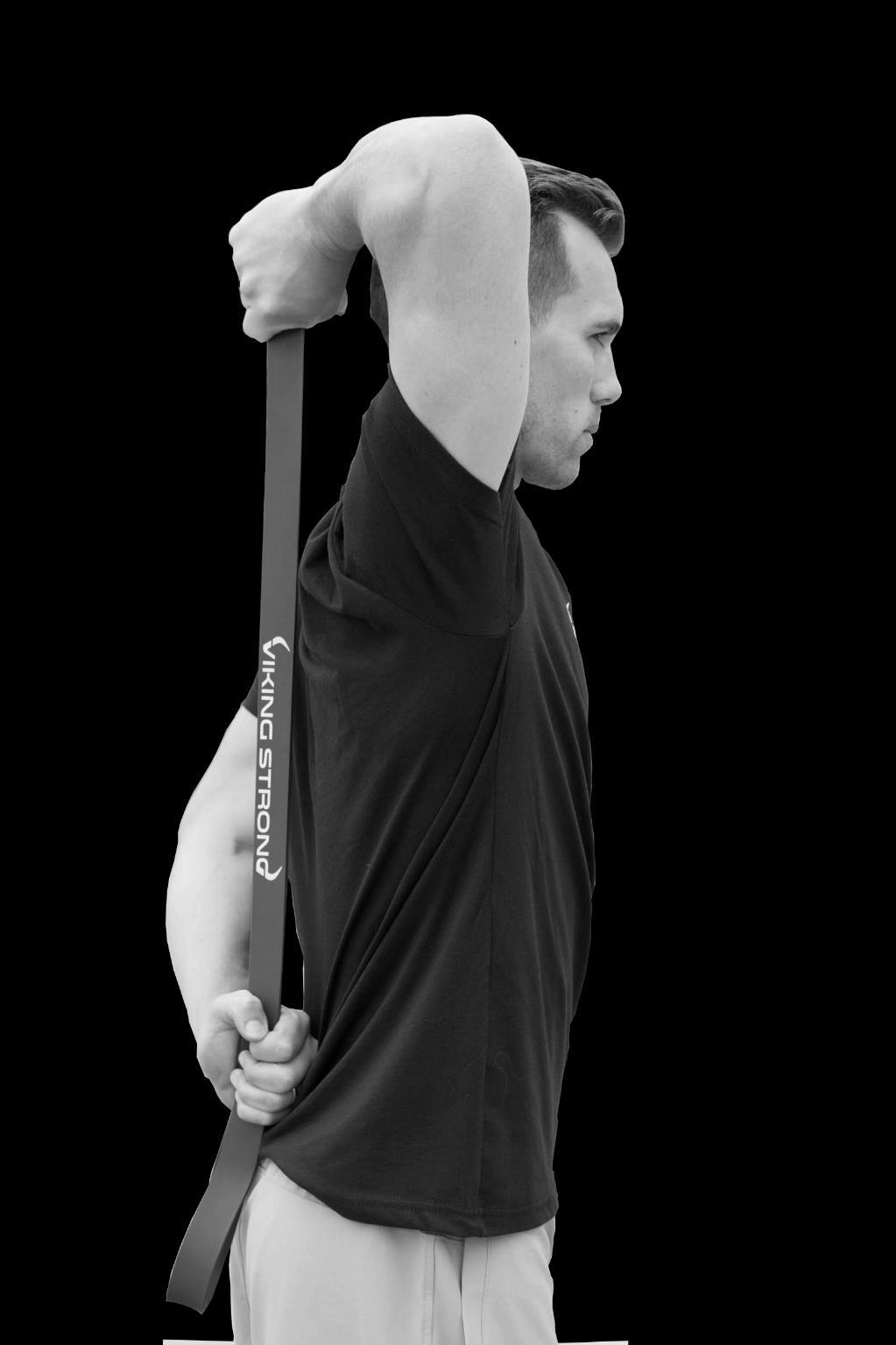 Tricep Stretch. Position the band behind head so that the band hangs down behind body.